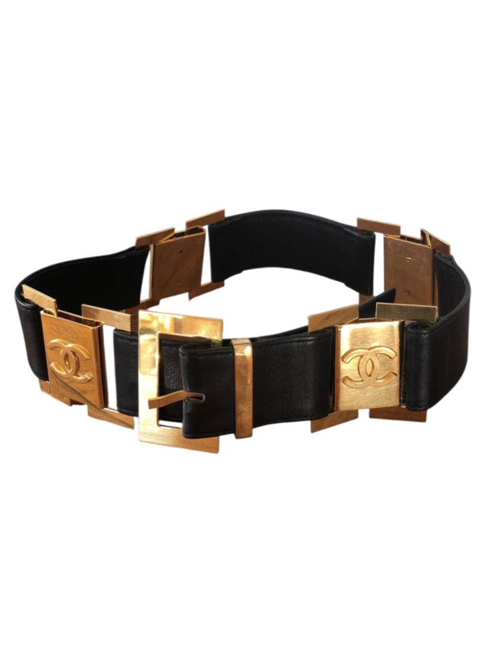 CHANEL CC Logo Vintage 90s Super RARE Gold Black BELT 75/30 With COA